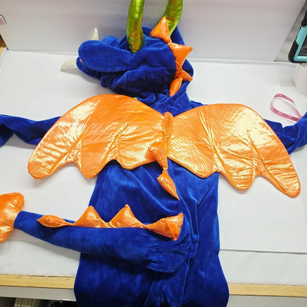 Spooked Dragon Costume Kids 4T Blue Orange Wings Plush Jumpsuit READ FLAW